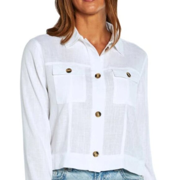 Nordstrom White Linen Utility Jacket Button Front Slight Cropped Long Sleeve Top - Picture 1 of 4